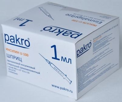1 мл трехкомпонентный шприц Pakro инсулиновый U100 , с иглой 0,3х13, 100 шт купить оптом в Ульяновске